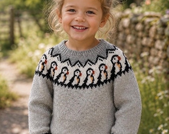 Kids Puffin Sweater Knitting Pattern | Nordic Fair Isle Pullover | PDF Pattern | Sizes 1-9 Years | English
