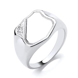 925 Sterling Silver Shield Signet Ring Engraved Stone Set Gents Men&#39;s Ring