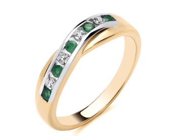 18ct Gold on Sterling Silver Natural Emerald & Diamond Crossover Ring