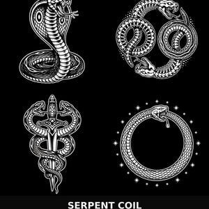 Puede incluir: Un conjunto de cuatro ilustraciones en blanco y negro que muestran una cobra, dos serpientes esqueléticas entrelazadas, una daga envuelta en serpientes y un ouroboros rodeado de estrellas. El texto inferior dice SERPENT COIL DARK RELIC INK.
