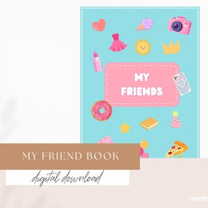 Könnte beinhalten: Digitaler Download eines "My Friend Book" mit hellblauem Hintergrund. Das Cover zeigt rosa Illustrationen eines Herzens, eines Kleides, eines Lippenstifts, eines Donuts, einer Kamera, einer Krone und einer Pizza. Der Text "My Friends" befindet sich in einem rosa Rechteck.