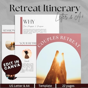 Plantilla editable de itinerario de retiro para parejas para Canva / Diseño romántico de 22 páginas / Tamaños carta de EE. UU. y A4 Agenda de retiro para parejas