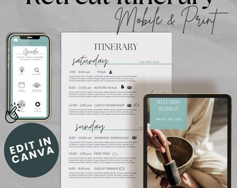 Sjabloon voor bewerkbaar en mobiel retraitereisplan voor Canva | 22 pagina's turkoois ontwerp | US Letter, A4, mobielformaat | Interactief evenementenprogramma