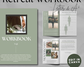 Rückzug MINI Workbook bearbeitbare Vorlage für Canva | 20-Seite Neutral Grün Design | US Letter & A4 Größen Retreat Planung