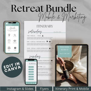 Puede incluir: Un paquete de marketing digital para retiros de bienestar. El paquete incluye un itinerario adaptado para dispositivos móviles, un folleto y una plantilla de publicación de Instagram. El itinerario incluye un horario para un retiro de sábado y domingo con actividades como yoga, caminatas por la naturaleza y talleres. El folleto presenta una foto de una persona usando un cuenco de canto. La plantilla de publicación de Instagram es una guía con íconos para diferentes secciones.