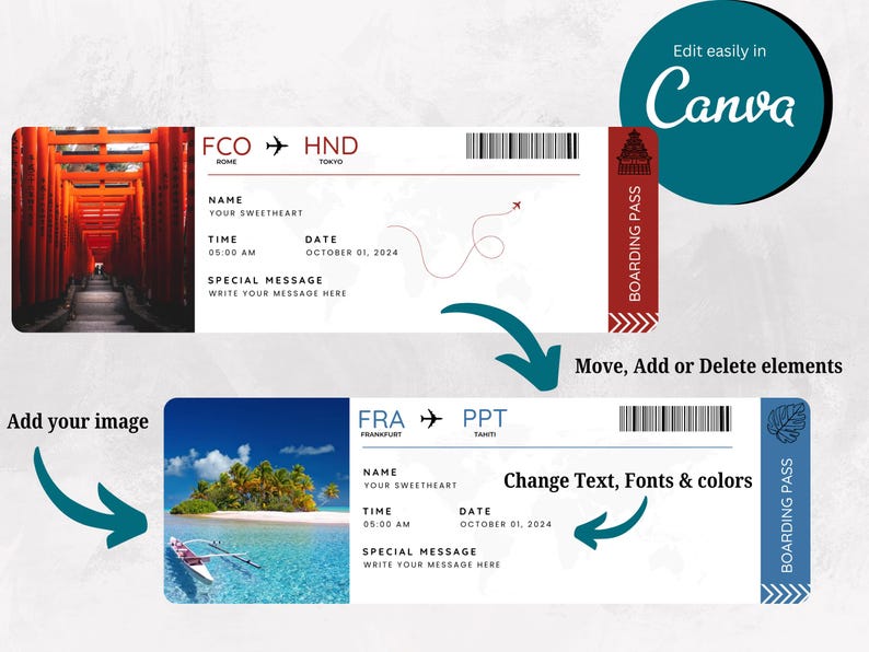 Editable Boarding Pass Canva Template | 6 Customizable Digital ...