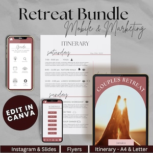 May include: A digital marketing bundle for a couples retreat in Jamaica. The bundle includes a mobile-friendly itinerary, flyers, and Instagram and slide templates. The itinerary includes a schedule for Saturday and Sunday with activities like yoga, nature walks, workshops, and group dinner. The flyers feature a sunset over the ocean with the text "Couples Retreat" and "Jamaica".