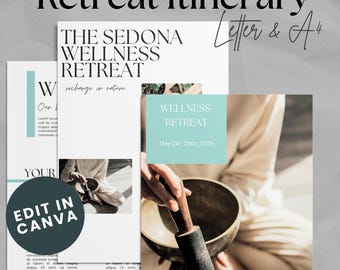 Bewerkbare sjabloon reisplan wellnessretraite voor Canva | 22 pagina's neutraal turkoois ontwerp | Retreatagenda Amerikaans letter- en A4-formaat
