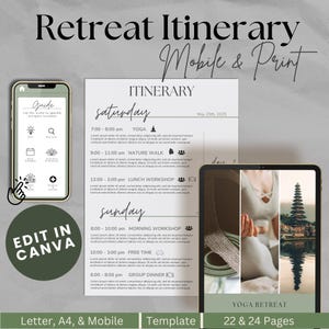 May include: A printable yoga retreat itinerary template with a white background and black text. The itinerary includes a schedule for Saturday and Sunday with activities like yoga, nature walks, workshops, and free time. The template is designed for mobile and print use and includes the text "Yoga Retreat 22 & 24 Pages".