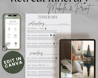 Bewerkbaar sjabloon voor retraitereisplan voor Canva | 22 pagina's neutraal groen ontwerp | US Letter, A4 en mobielformaten | Interactief evenementenprogramma