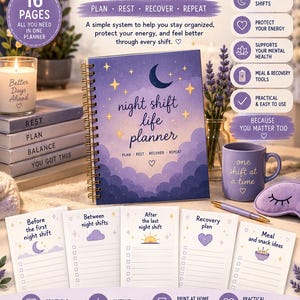 May include: A spiral-bound Night Shift Life Planner with a purple night sky cover featuring a crescent moon and stars. The set includes five printed planning sheets for shifts, recovery, and meals, a purple mug, a pen, and a sleep mask.