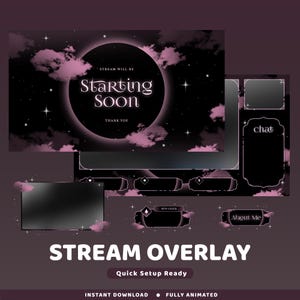 Puede incluir: Un diseño de superposición de transmisión digital con una combinación de colores púrpura oscuro y negro. El gráfico principal presenta un círculo grande con el texto "Starting Soon" y un fondo de cielo estrellado. Elementos adicionales incluyen cuadros de chat y secciones "About Me".