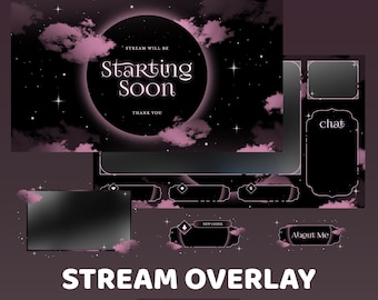 Eclipse of Amethyst Animated Twitch Overlay Package, Dark Aesthetic Overlay, Egirl Stream Overlay, Pastel Goth, Cloud, Dark Pink, Galaxy