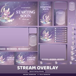 May include: A purple stream overlay set with a cartoon bunny character on a crescent moon. The set includes screens for starting soon, offline, ending, and chat, with animated elements and text that reads "STREAM OVERLAY".