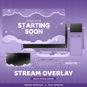 Lavender Dreams Animated Twitch Overlay Package, Pastel Aesthetic Cute Overlay, Cloud Animated Overlay, Purple Color Stream, Cute Overlay