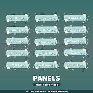 May include: A digital graphic with twelve aqua-coloured panels, each labelled with text like "About Me", "Discord", and "Giveaway". The panels have a bubbly, aquatic design. The word "PANELS" is at the bottom, with "Quick Setup Ready" below it.