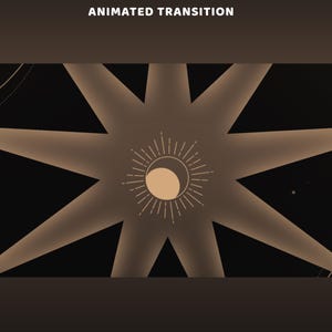 May include: A digital graphic with the text "ANIMATED TRANSITION" at the top. The design features a central sun and crescent moon illustration, surrounded by a starburst pattern in shades of brown and black. The background is dark.