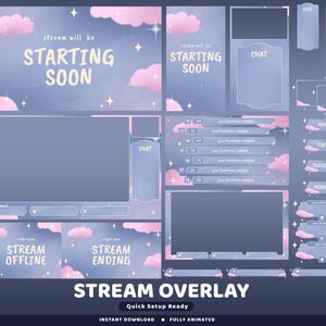 Może przedstawiać: Cyfrowy zestaw nakładek do streamowania z fioletowym tłem nieba, różowymi chmurami i białymi gwiazdami. Zawiera ekrany startowe, offline i końcowe, a także okna czatu, panele harmonogramu oraz różne przyciski dla gier, tiktok, subskrypcji i o mnie.
