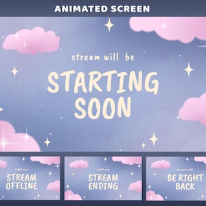 May include: A digital graphic set featuring a purple sky background with pink clouds and yellow stars. The main screen displays the text "stream will be STARTING SOON". Three smaller screens show the text "STREAM OFFLINE", "STREAM ENDING", and "BE RIGHT BACK".