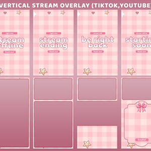 May include: A set of vertical stream overlays for TikTok and YouTube featuring a light pink gingham pattern. The graphics include text elements such as stream offline, stream ending, be right back, starting soon, thank you, and livechat with star icons.