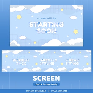 Twinkle Clouds Animated Screen Overlay Package, Animation Scene Blue Aesthetic, Kawaii Star Screen Twitch Overlay, Cute Cloud Stream Overlay