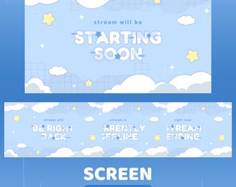 Twinkle Clouds Animated Screen Overlay Package, Animation Scene Blue Aesthetic, Kawaii Star Screen Twitch Overlay, Cute Cloud Stream Overlay
