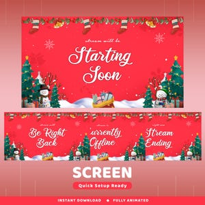 Pakiet nakładek na ekran animowany Red Christmas, scena animacji zima, czerwona nakładka, bałwan i choinka, transmisja na żywo na ekranie świątecznym Twitch