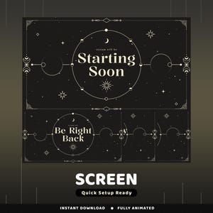 以下が含まれることがあります： 黒いデジタルスクリーン。天体のデザインで、「Starting Soon」と「Be Right Back」の文字が円形に表示されています。スクリーンには「SCREEN」と「Quick Setup Ready」の文字も含まれています。