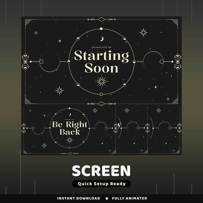 以下が含まれることがあります： 黒いデジタルスクリーン。天体のデザインで、「Starting Soon」と「Be Right Back」の文字が円形に表示されています。スクリーンには「SCREEN」と「Quick Setup Ready」の文字も含まれています。