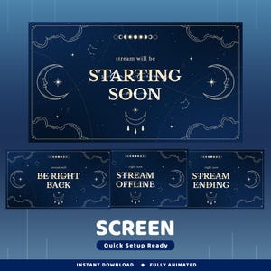 Moon Phase Animated Screen Overlay Package, Animation Scene Galaxy, Dark Blue Overlay, Moon and Cloud Element,Celestial Screen Twitch Stream