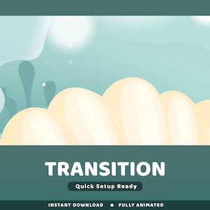 Peut inclure: Graphique numérique abstrait avec une palette de couleurs turquoise et jaune clair. Le mot "TRANSITION" est affiché en blanc, en gras. En dessous du mot "TRANSITION" se trouve le texte "Quick Setup Ready". Le bas du graphique indique "INSTANT DOWNLOAD • FULLY ANIMATED".