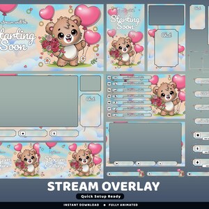 May include: A digital stream overlay set featuring a cartoon bear holding flowers and heart-shaped balloons. The design includes panels for chat, alerts, and stream status, with text that reads "Starting Soon", "Stream Offline", and "Stream Ending". The color scheme is pastel pink, blue, and brown.