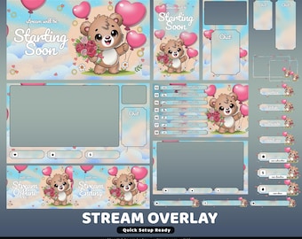 Lovely Bear Animated Twitch Vertical Overlay Package, Tiktok Overlay Cute Character, Teddy Bear Theme, Pink Heart Balloon, Valentine Flowers