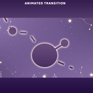 May include: A digital graphic with a purple background featuring a constellation design. The image includes glowing white stars, constellations, and a central circular shape with a bright outline. The text "ANIMATED TRANSITION" is at the top.
