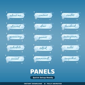May include: A digital graphic with light blue panels featuring social media and website navigation labels like "About Me," "Discord," and "Instagram." The panels have a snowflake design and are set against a gradient blue background. The word "PANELS" is displayed at the bottom.