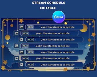 Dusk Clouds Stream Schedule Overlay Package, Twitch Schedule, Blue Golden Stream Theme, Celestial Night, Moonlight Schedule, Starry Sky