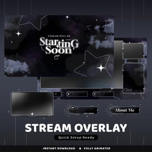 Pacote de sobreposição animada para Twitch da Dreaming Galaxy, sobreposição celestial de animação, sobreposição de fluxo de noite estrelada, Twitch da meia-noite, estética gótica