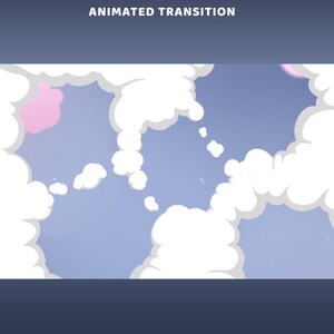May include: A digital graphic featuring the text ANIMATED TRANSITION at the top, set against a light blue sky background filled with stylized white fluffy clouds and a single small pink cloud, creating a cartoon-like atmospheric scene.