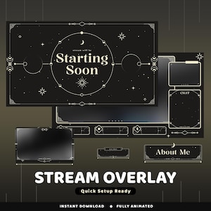 Pacote de sobreposição animada para Twitch com Radiant Cosmos, sobreposição Celestial Vtuber, sobreposição Black Gold, sobreposição Lua e Estrelas para Twitch, transmissão Witchy