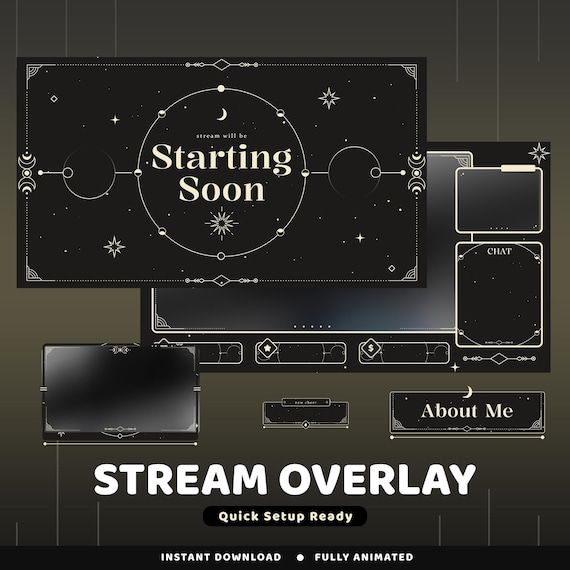 Radiant Cosmos Animated Twitch Overlay Package, Celestial Vtuber Overlay, Black Gold Overlay, Moon And Stars Twitch Overlay, Witchy Stream