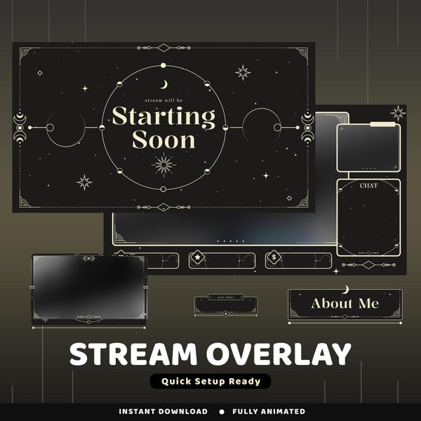 Radiant Cosmos Animated Twitch Overlay Package, Celestial Vtuber Overlay, Black Gold Overlay, Moon And Stars Twitch Overlay, Witchy Stream