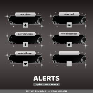 Puede incluir: Gráfico digital con seis cuadros de alerta animados para streaming. Cada cuadro es negro con un borde blanco y una etiqueta blanca que indica el tipo de alerta, como "new cheer" o "new subscriber". La palabra "ALERTS" se muestra en la parte inferior.