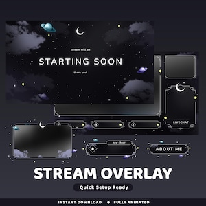 May include: A digital stream overlay design with a dark night sky theme. The design includes a "Starting Soon" screen, a live chat box, and other customizable elements. The text "STREAM OVERLAY" is prominently displayed.
