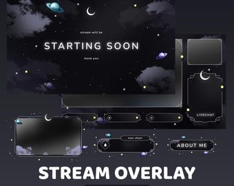 Moonlit Rings  Animated Twitch Overlay Package, Night Sky Overlay, Cute Twitch Overlay, Moon And Star Overlay, Galaxy Overlay, Space Overlay