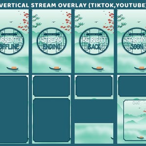 Peut inclure: Un design de superposition de flux vertical pour TikTok et YouTube. Le design présente quatre cadres circulaires avec le texte : "Currently Offline", "Stream Ending", "Be Right Back" et "Starting Soon". L'arrière-plan a un thème de paysage avec des bateaux et des accents floraux.
