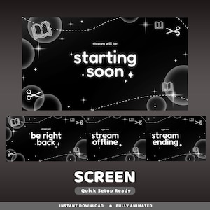 Puede incluir: Diseño de pantalla de transmisión animada en blanco y negro con el texto "stream will be starting soon". El diseño incluye burbujas, estrellas, tijeras e iconos de libros. Pantallas adicionales: "be right back", "stream offline" y "stream ending".