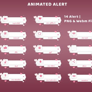 May include: Animated alert graphics with white rectangular banners, pink hearts, and icons. Text includes "superchat", "new follower", "renewal", "re sub", "like", "gift", "new raid", "host", "new cheer", "share", "new donation", "new subscriber", and "members".