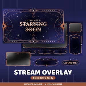 Pacote de sobreposição animada do Twitch Galactic Grace, animação celestial, elementos galácticos e espaciais, sobreposição do Twitch azul escuro, webcam, rótulo, painel