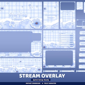 May include: A digital stream overlay package featuring a light blue gingham pattern, white floral accents, and small star motifs. The set includes various frames, panels, and screens with text such as Starting Soon, Currently Offline, and Stream Ending.