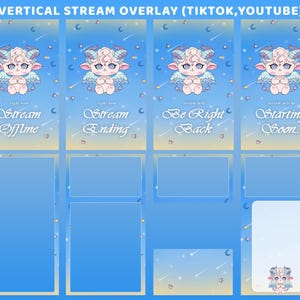 May include: Vertical stream overlay graphics for TikTok and YouTube. The design features a cute cartoon character with wings, horns, and a magic wand. The graphics include text for stream status: "Offline", "Ending", "Be Right Back", and "Starting Soon". The background is blue with stars.